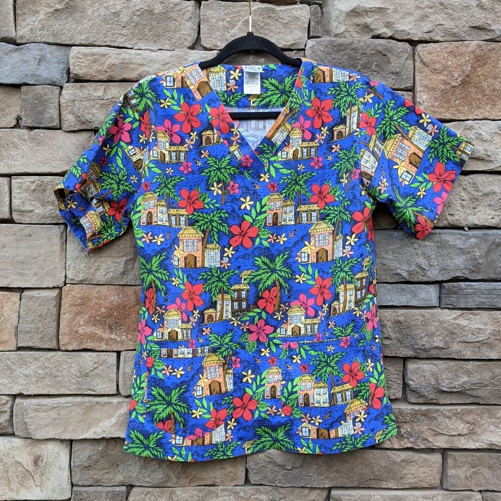 Happy Scrubs Tropical Print Top Shirt,  XS